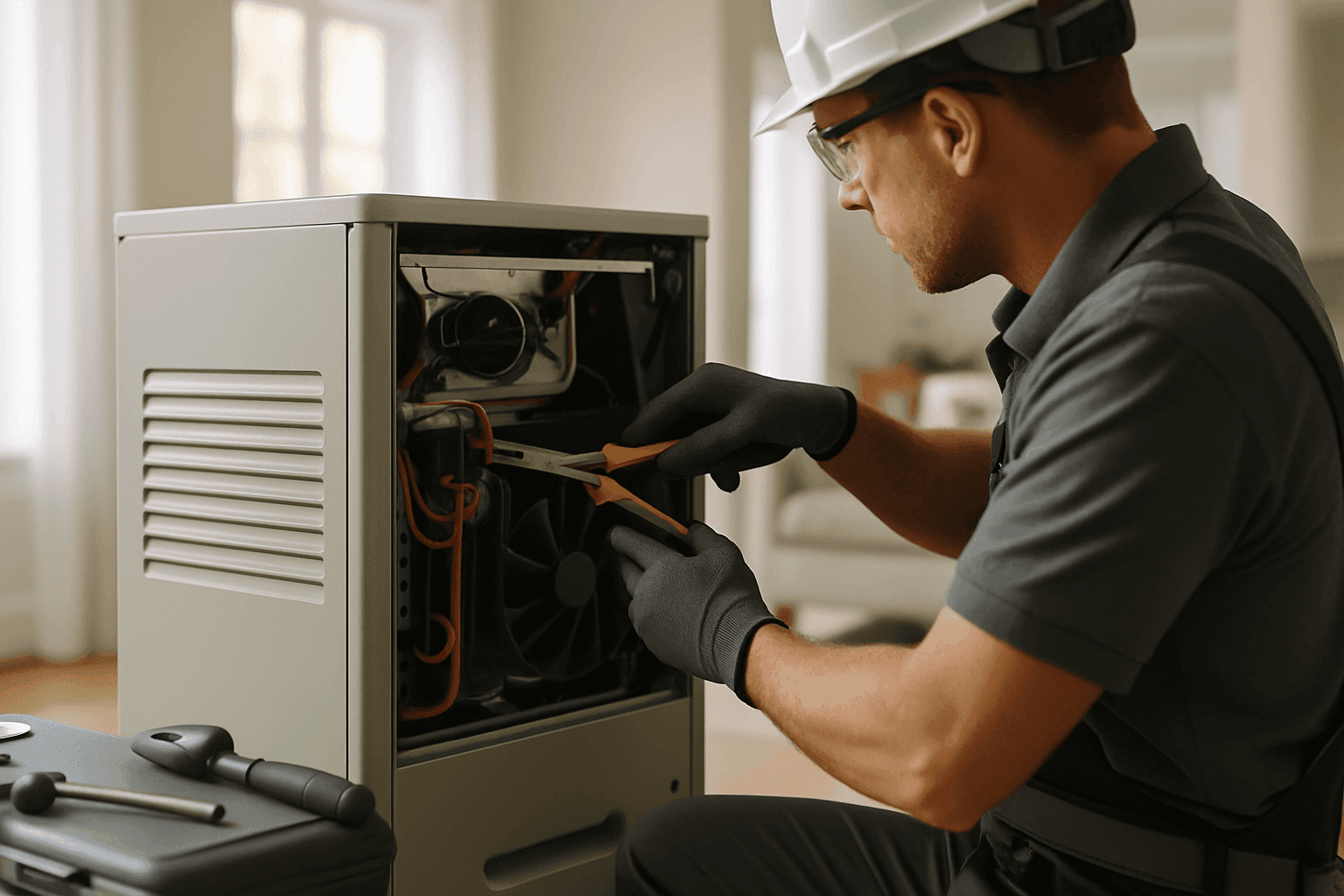 HVAC technician in safety gear servicing a heating unit inside a clean residential home