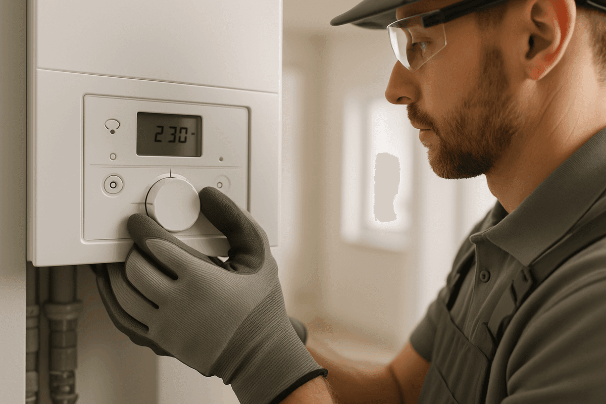 Close-up of gloved hands adjusting thermostat on modern heating unit indoors