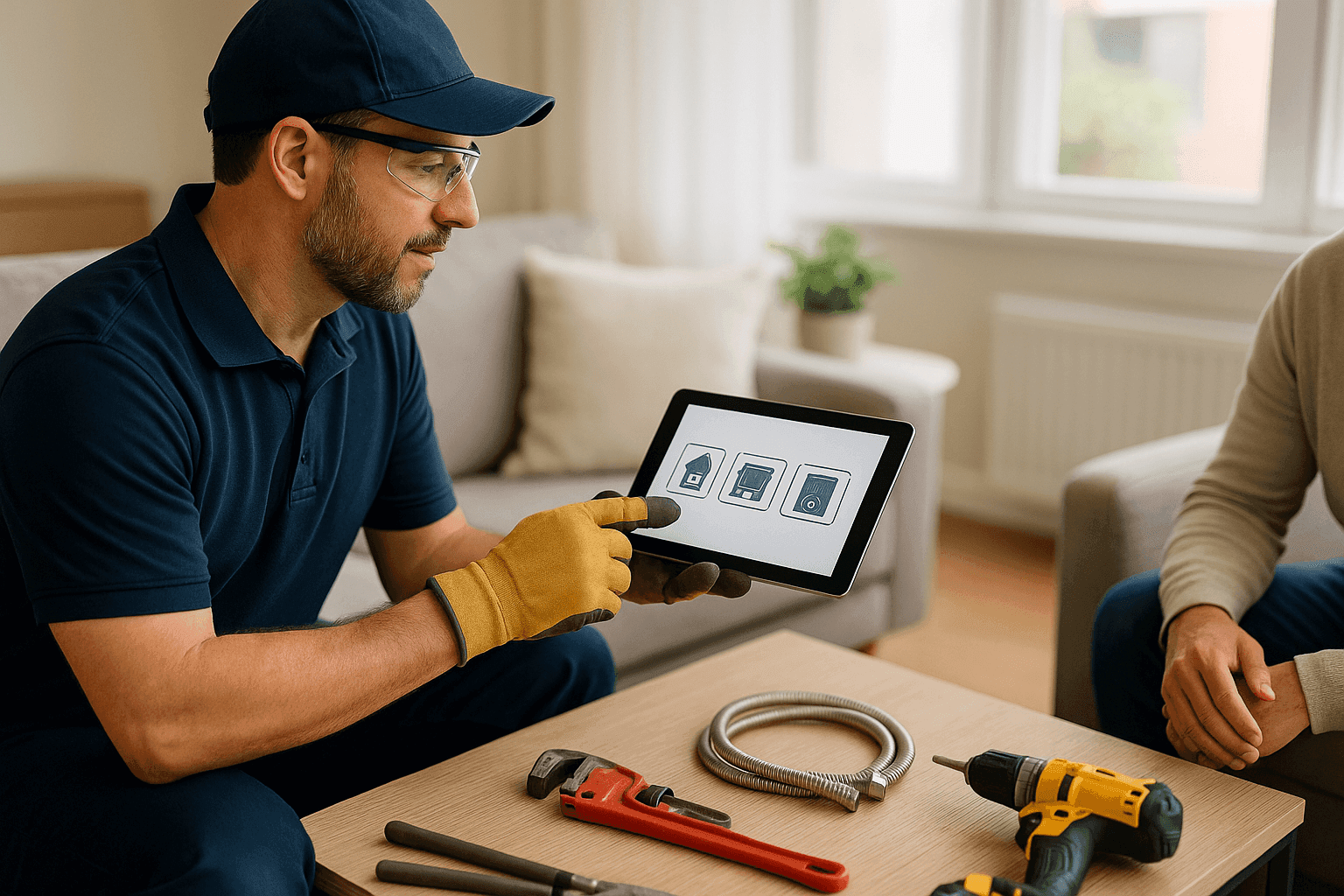 Técnico HVAC asesorando a propietario sobre opciones de sistemas de calefacción en interiores