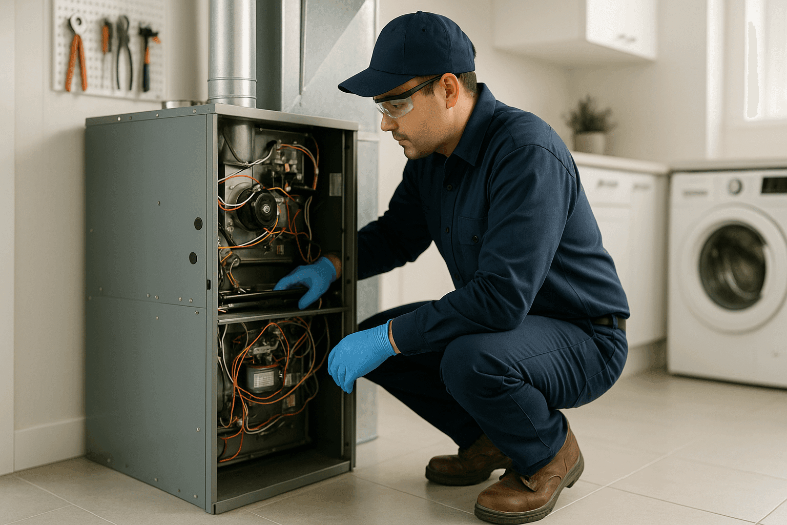 Técnico inspeccionando un horno residencial en un cuarto de servicios