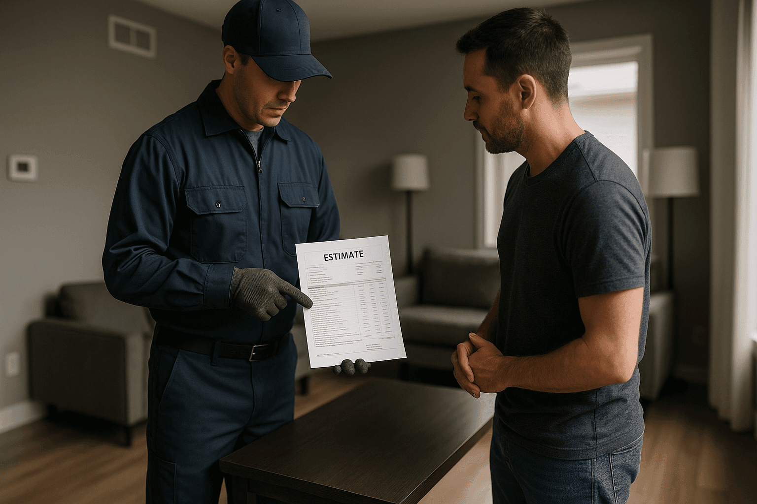 Propietario revisando el presupuesto de instalación de calefacción con un técnico