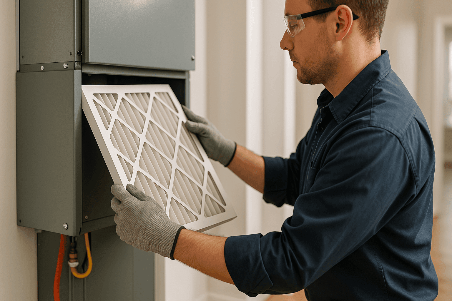 Técnico instalando un nuevo filtro HVAC en un sistema de calefacción residencial