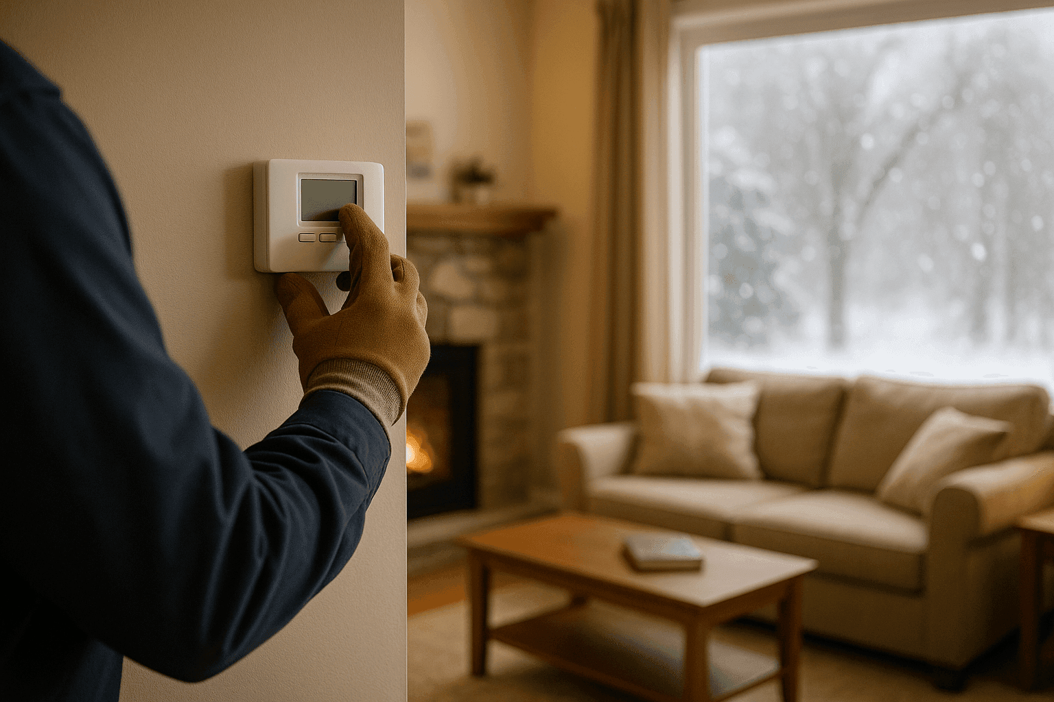 Propietario ajustando el termostato dentro de casa durante la preparación para tormenta de invierno