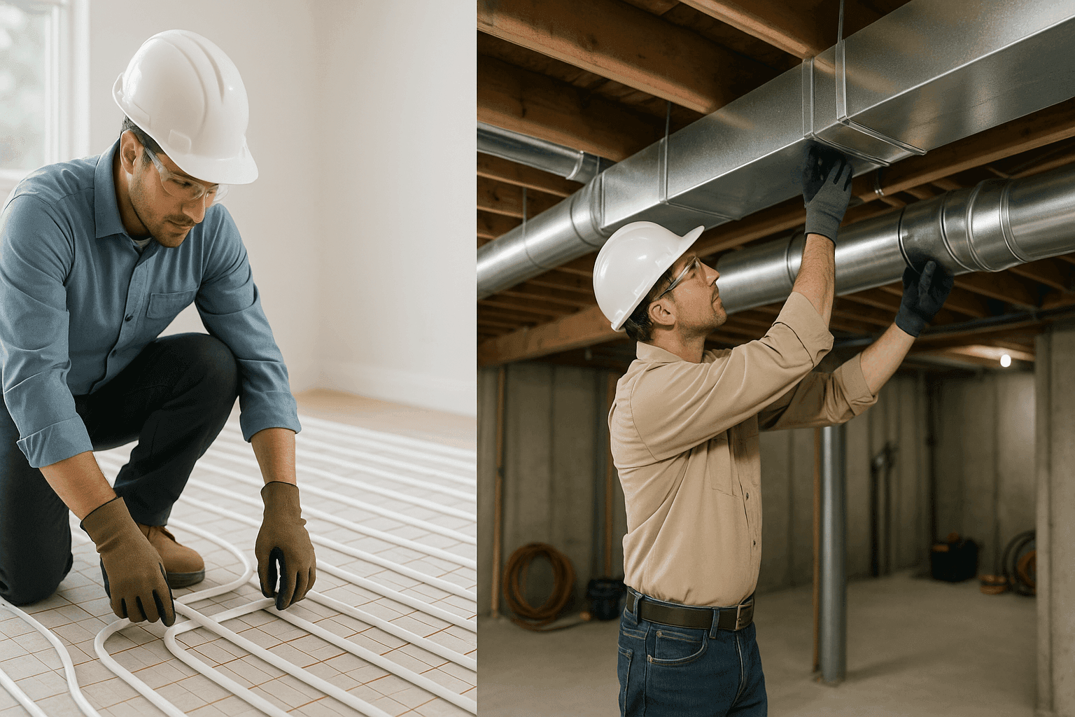 Side-by-side view of radiant floor and forced air heating systems in home